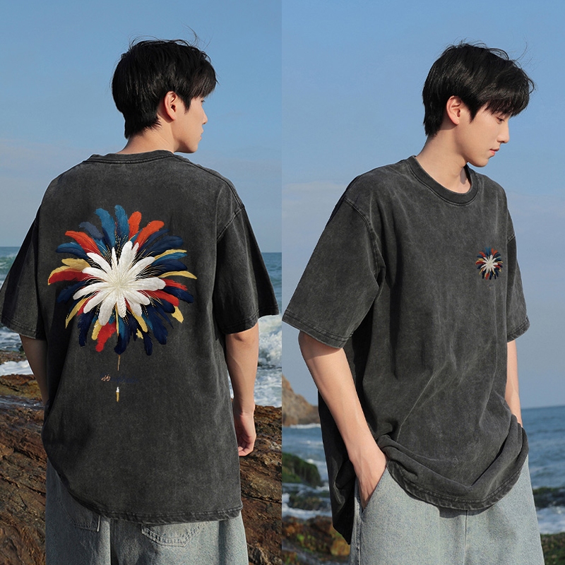 PUERTO Kaos Distro Pria Washed Tshirt Vintage Oversize Buket Bulu Bunga Matahari Baju Cowok Keren Ke