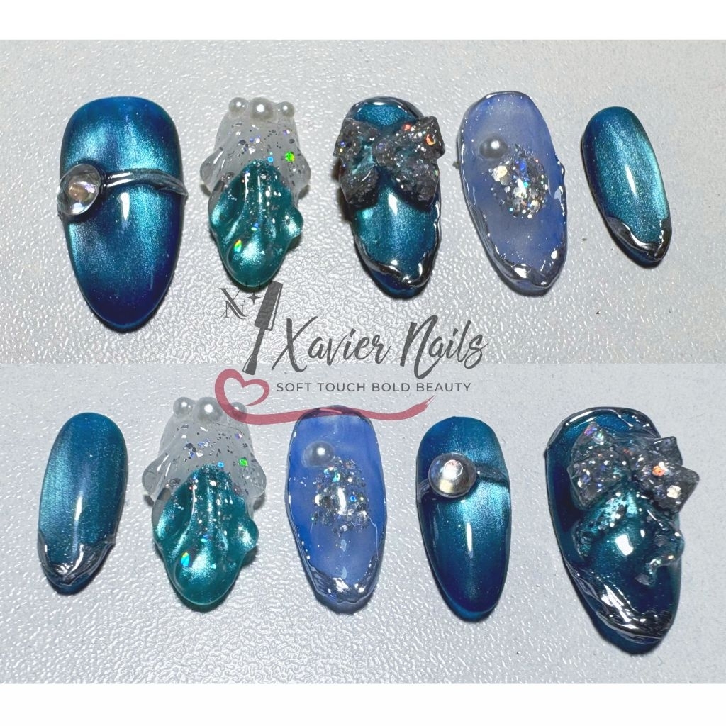 kuku palsu pita ribbon bisa custom warna / press on nails premium luxury with silver chrome / cat ey