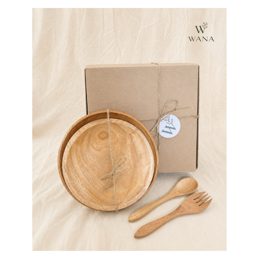 Set Piring Kayu 2pcs + Sendok Garpu (PAKET 5) – Peralatan Makan Premium Aesthetic