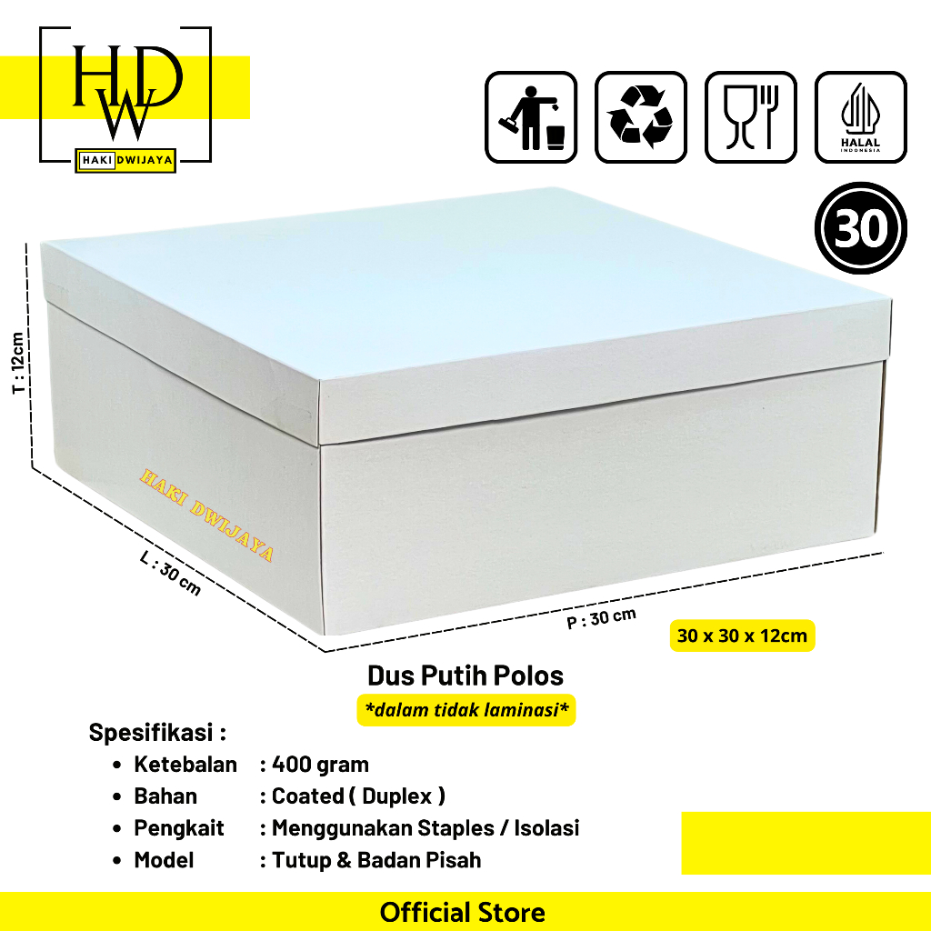 Kemasan Dus / Kotak Nasi dan Snack Ukuran 30x30x12cm Tebal 400gsm - Motif Putih Polos