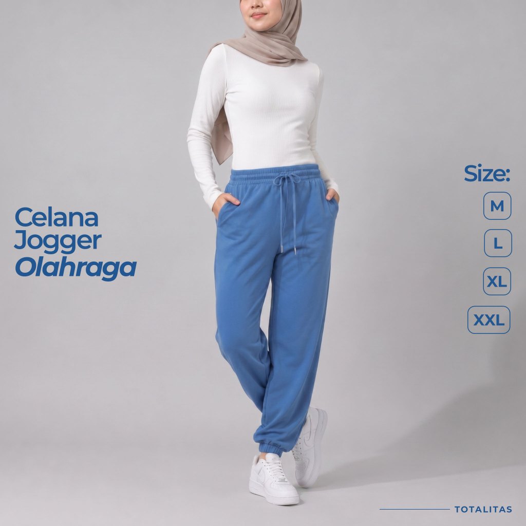 Basic Jogger Pants Wanita Hijab Friendly Bahan Katun Baby Terry Tebal Anti Tembus Pandang Celana Pan