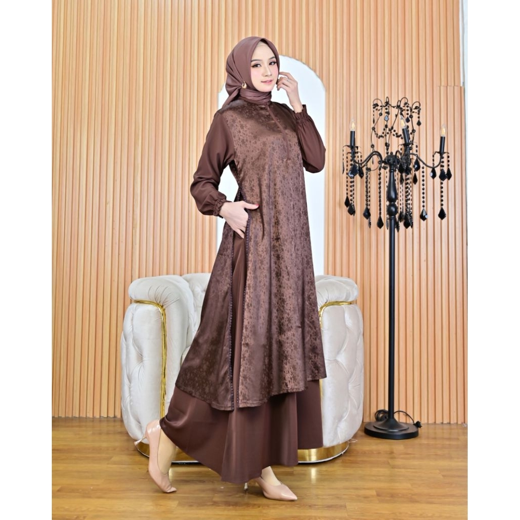 Terbaru Gamis Malaysia Bahan Armani Silk Jaguard Kombinasi Marbela Polos