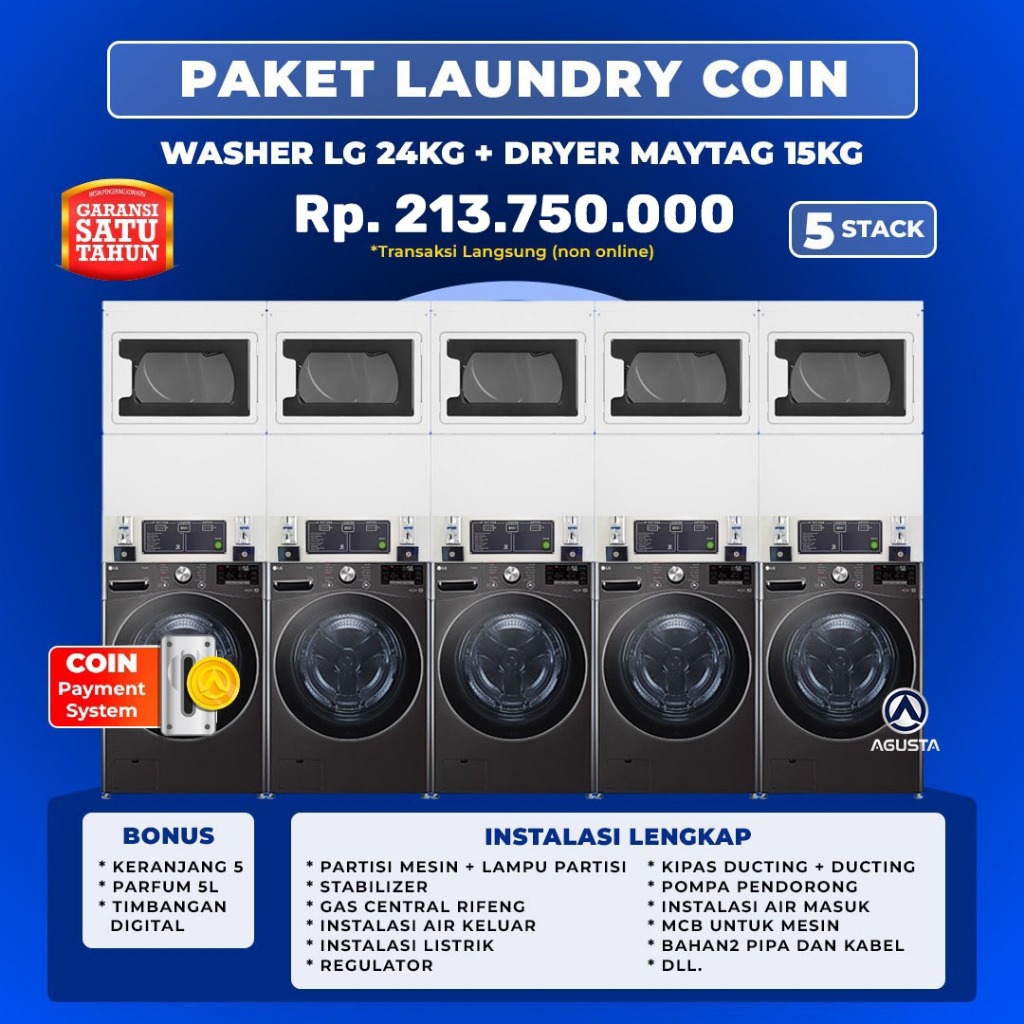 Paket Mesin Laundry Koin 5 set Stack Mesin Cuci LG 24kg & Mesin Pengering Maytag 15kg