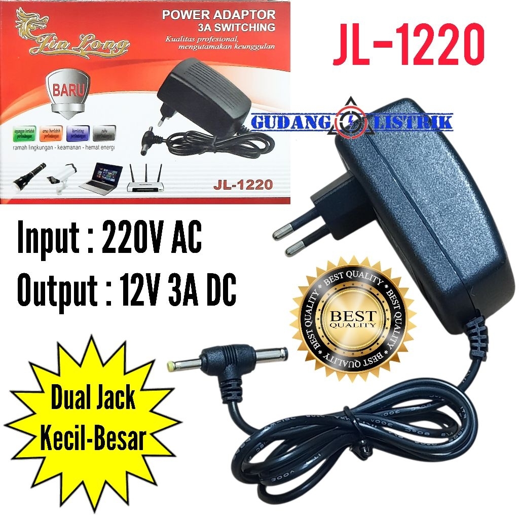 JL-1220 Adaptor Trafo Travo Power Supply 12V 3A Dual Jack DC JIN LONG