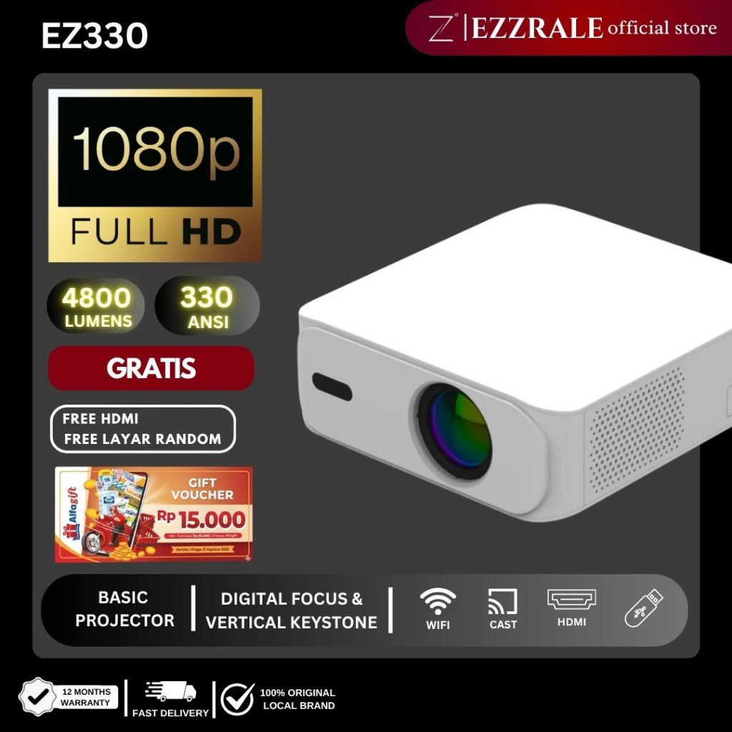 EZZRALE EZ330 Proyektor 330 ANSI | Basic Projector 1080P Full HD