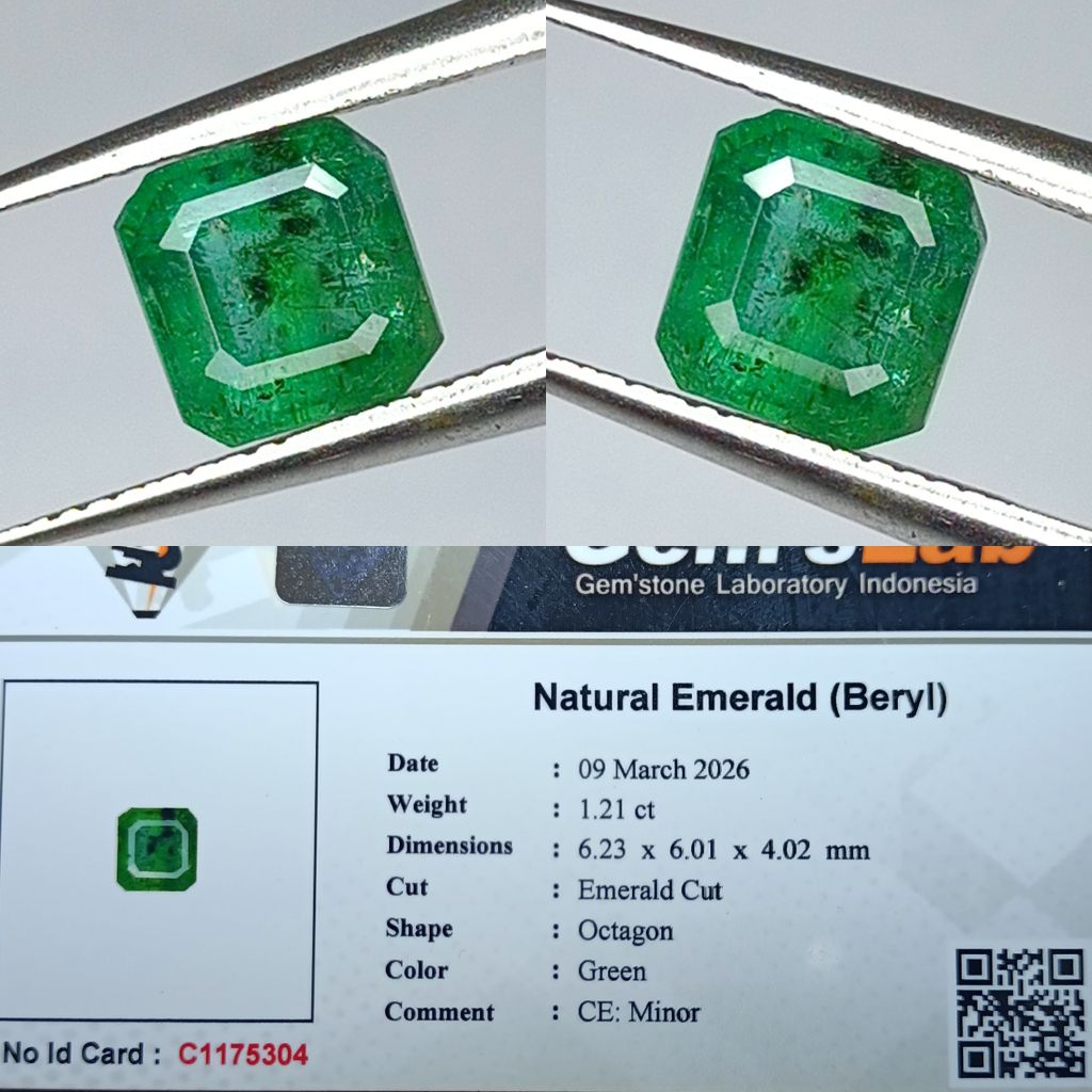 NATURAL PERMATA EMERALD BERYL 1.21 CARAT CUTTING OCTAGON GREEN MINOR MEMO GLI LAB