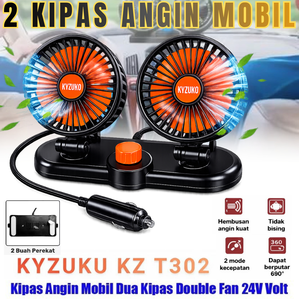 Terlaris Kipas Mobil ( Kyzuku Kz T302 ) 24 Volt Double Fan | 2 Kipas Angin Mobil Angin Super Kencang