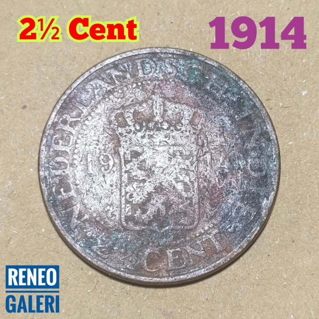 Koin benggol 2½ Cent tahun 1914 asli Nederlandsch indie 2,5 uang logam 2 1/2 setengah lama kuno jadu