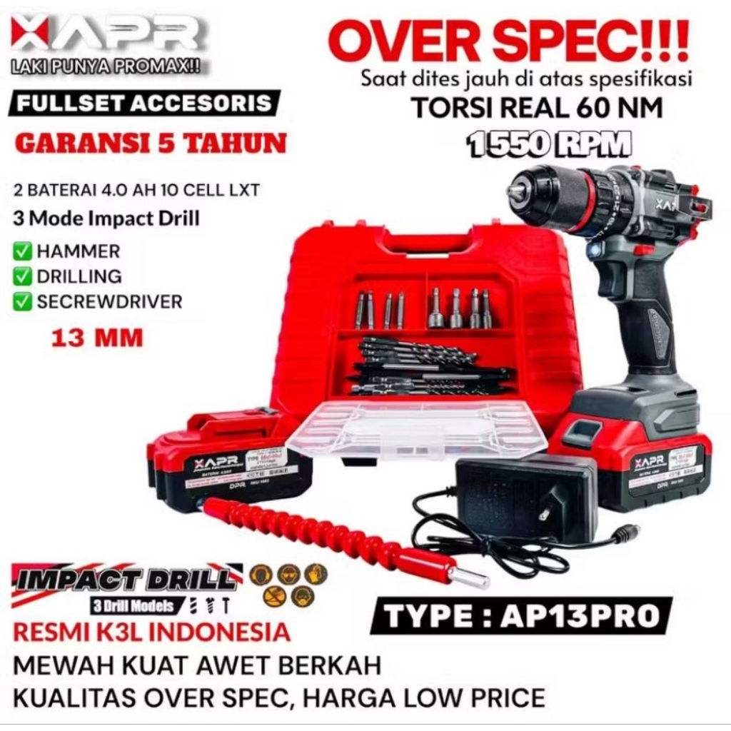 CORDLESS IMPACT DRILL 88V APR AP13 PRO MESIN BOR BATERAI 88V APR AP13PRO BOR TEMBOK BETON APR KEPALA