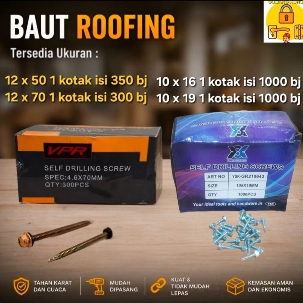 [Per Kotak] Baut Drilling Baut Taso / Baut Roofing / Baut Baja Ringan 10x16 10x19 12x50 12x70 Baut T