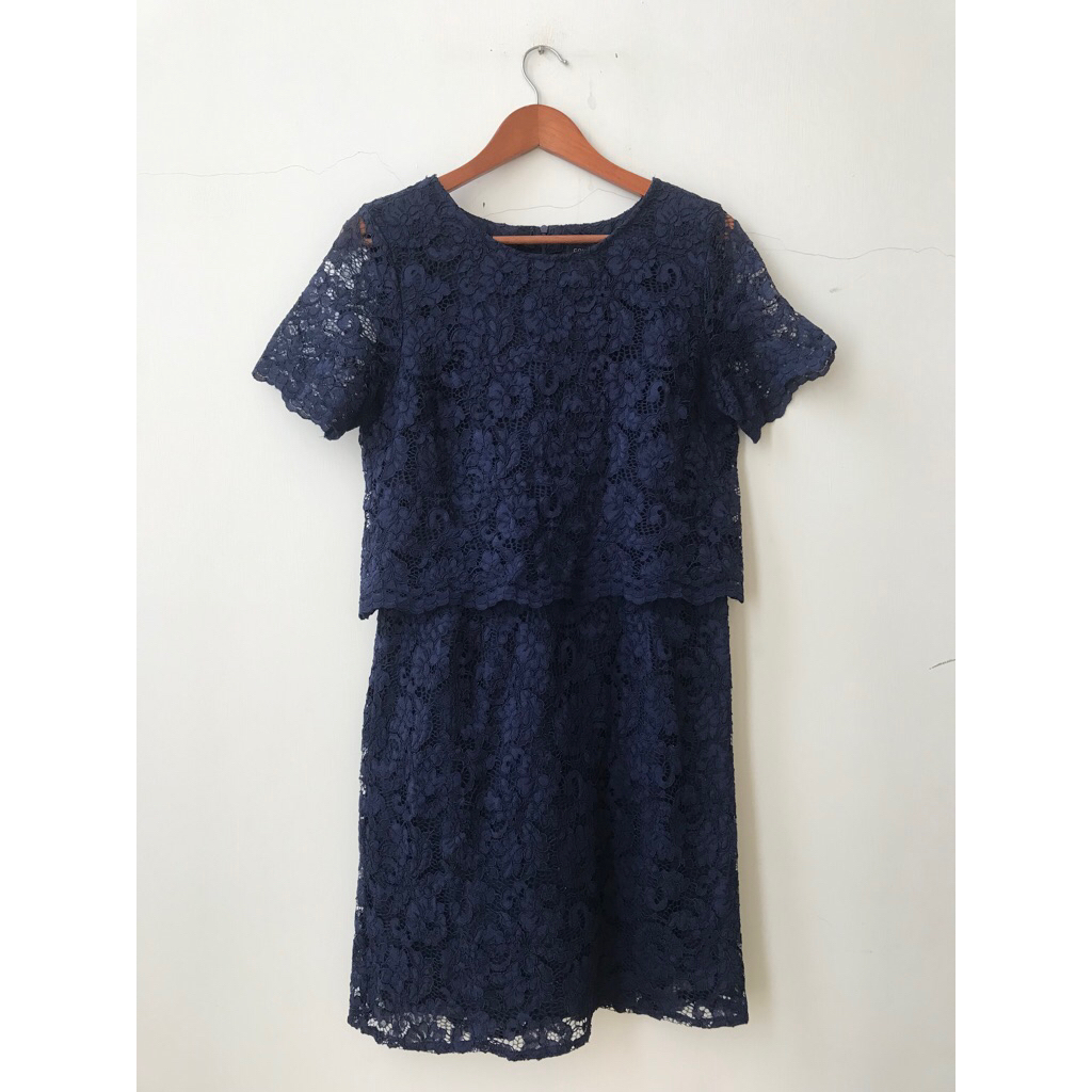DRESS BROKAT SIMPLE ELEGAN PESTA BIRU NAVY PEKAT