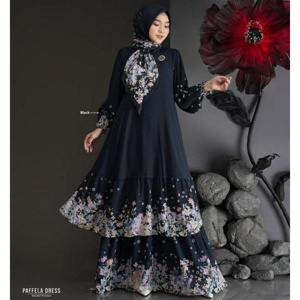 Nadheera Luxury - Paffela Dress Set Gamis Wanita Babydoll Premium X Rayon Viscose (Furing) Motif Bun
