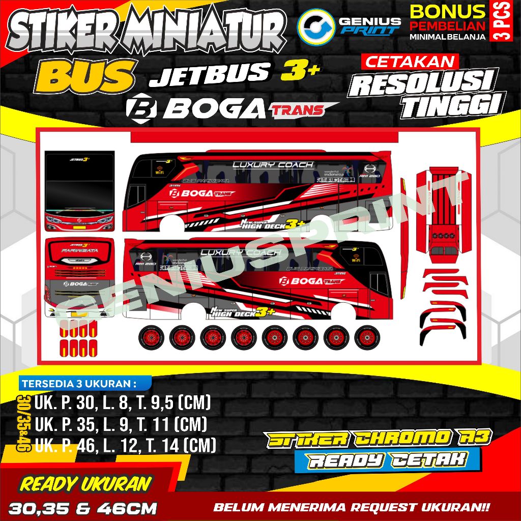 Stiker model miniatur bus [ JETBUS 3+ ] Livery Boga Trans | Gunung Harta | Juragan 99 | Mahardhika |