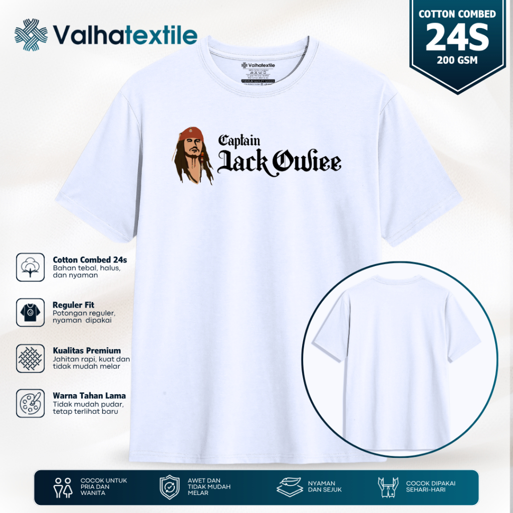 VALHATEXTILE Kaos Parodi Captain Jack Owiee Cotton Combed 24s Premium