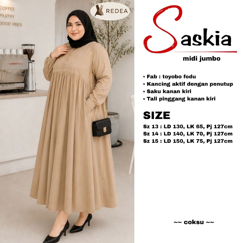SASKIA MIDI DRESS JUMBO LD 130 - 140 - 150 GAMIS TOYOBO FODU BUSUI KANCING DEPAN TERBARU