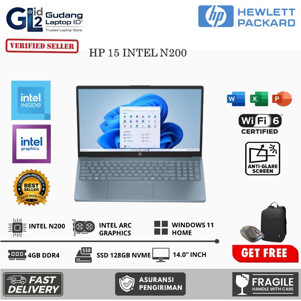 Laptop baru Hp 15 Intel N200  4GB 128GB SSD Windows 11 Home