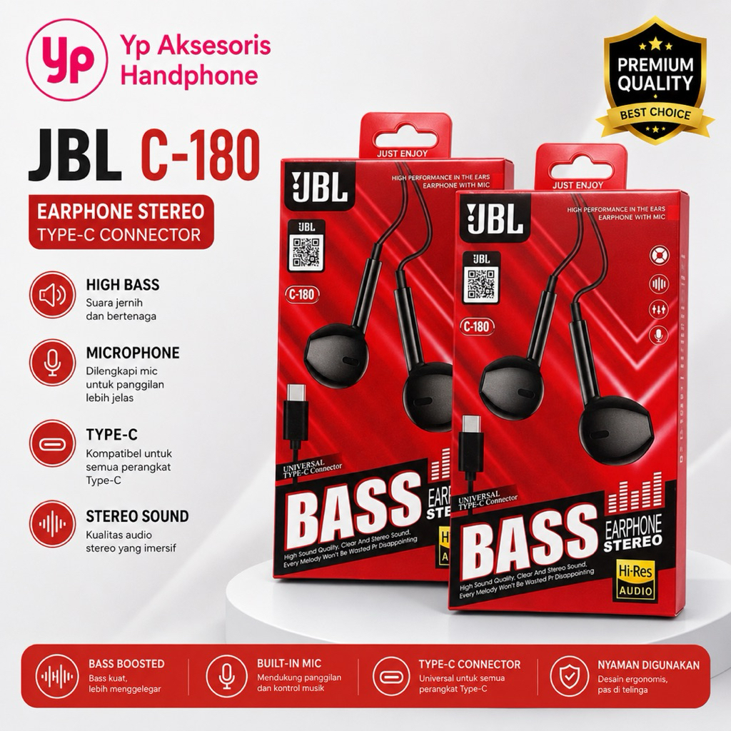 Handsfree - Headset - Earphone JBL Jack Type-C C-180 with Mic Super Bass + Streo HF C180 Universal T