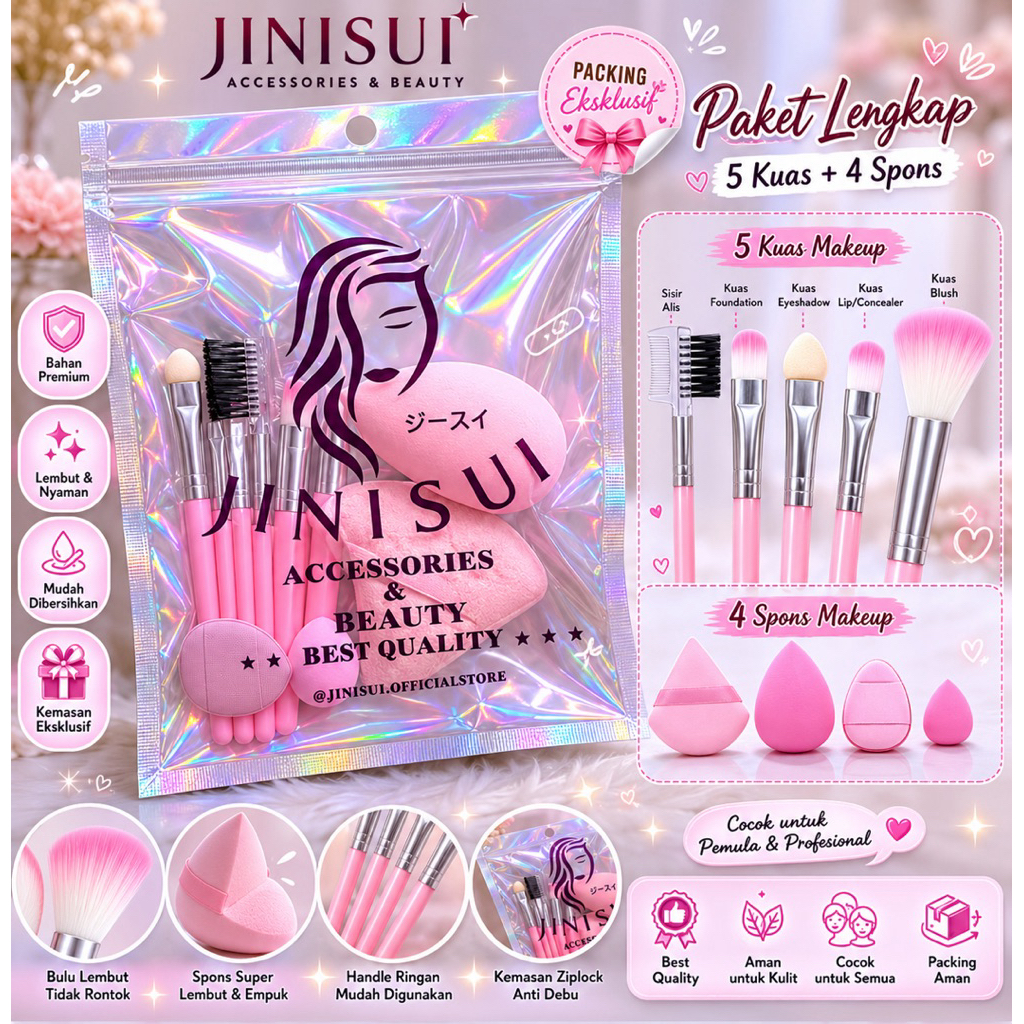JINISUI Paket Lengkap Makeup Perfect 5 Kuas + 4 Spons Makeup | Brush Set Pink Premium Lembut & Multi