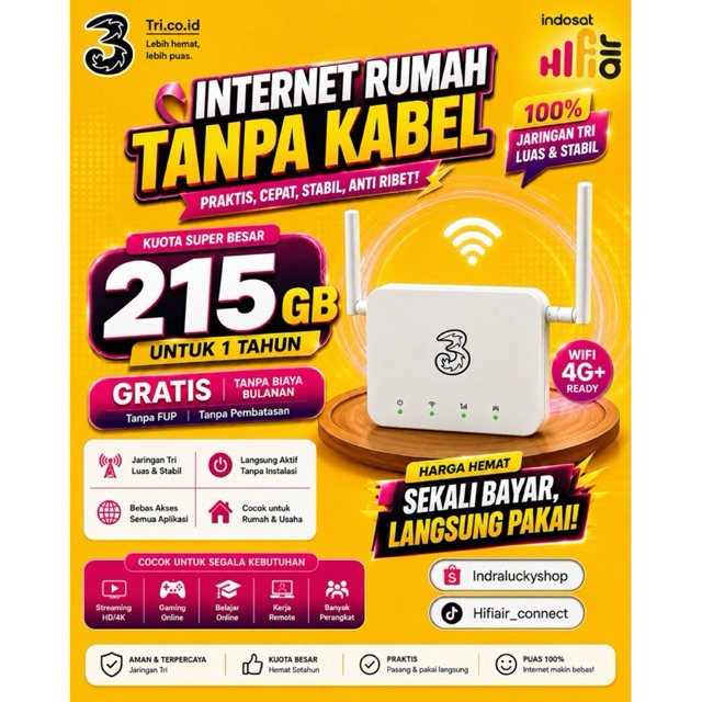 Modem HIFI Air Indosat Kuota 215GB Aktif 1 Tahun Internet Rumah