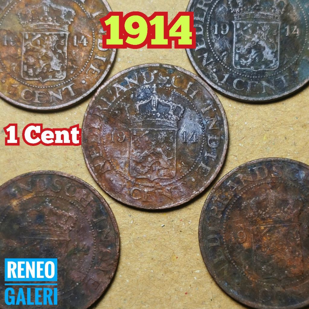 Koin Jaman Belanda 1 Cent tahun 1914 Jelek asli Nederlandsch Indie uang kuno logam tembaga buntu ori