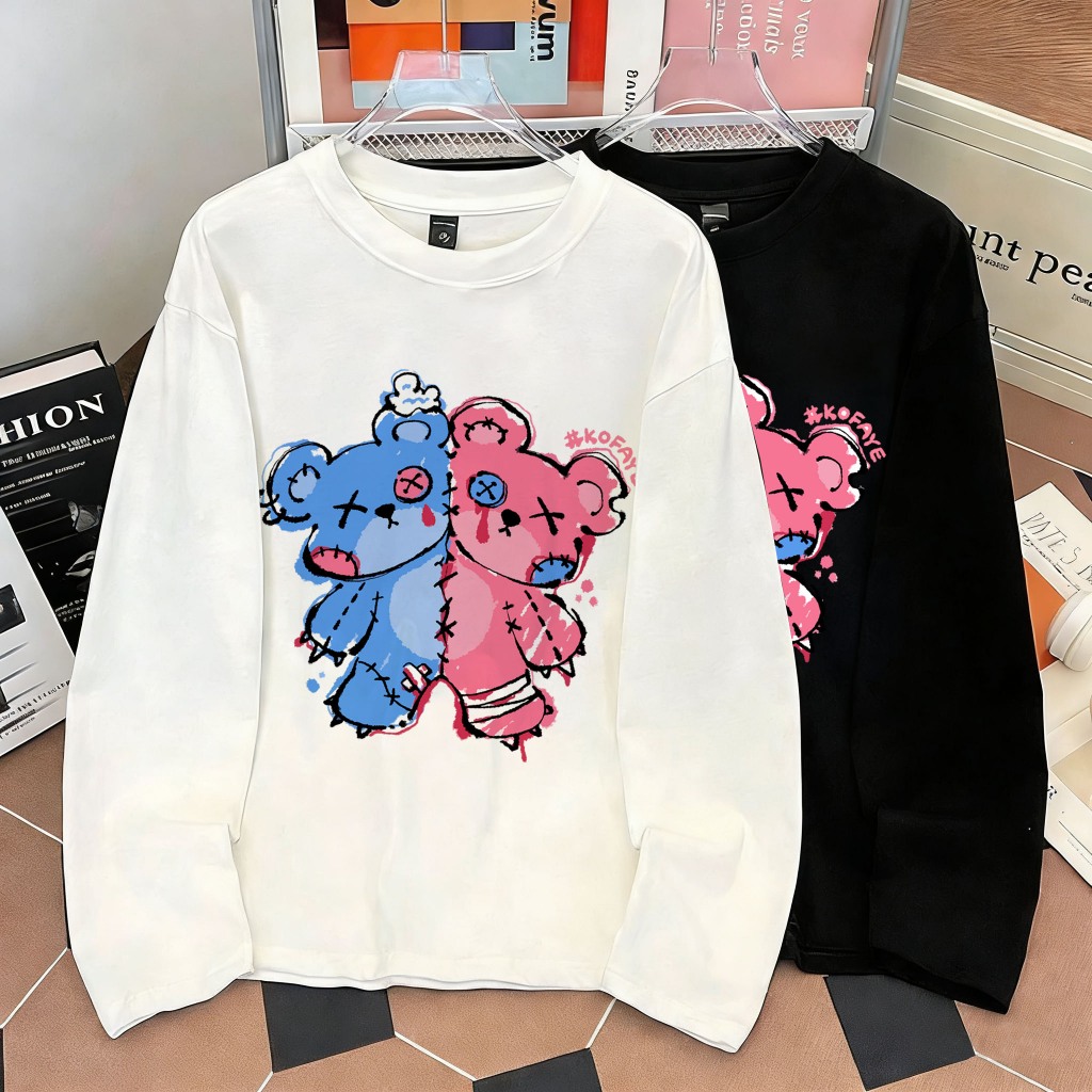 [COD] ANNI Kaos Lengan Panjang Oversize Pria Dan Wanita Putih Basic Boneka beruang merah muda dan bi