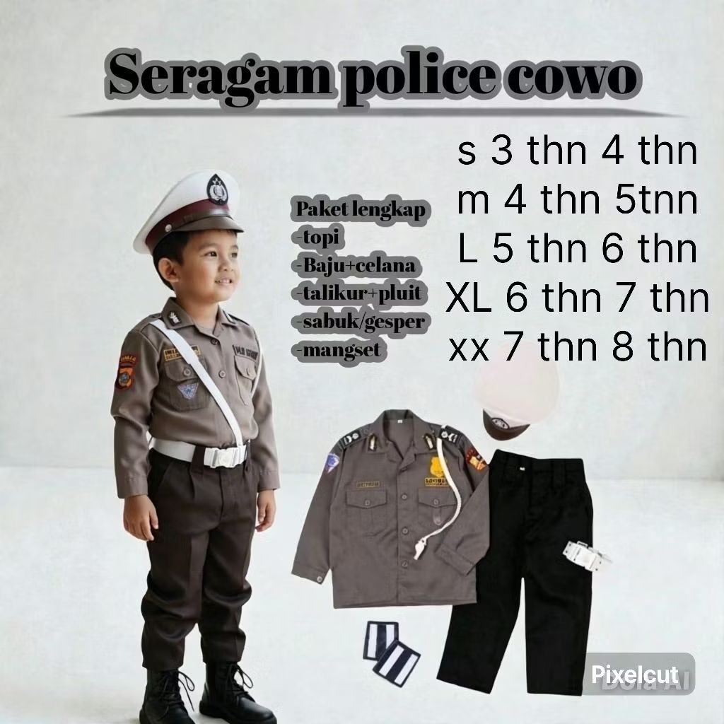 SERAGAM POLISI ANAK TK+ATRIBUT+LENGKAP+GROSIR