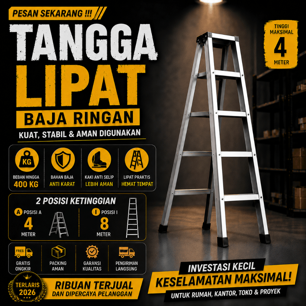 TANGGA LIPAT BAJA RINGAN 4 METER - TAHAN BEBAN 400KG, ENGSEL JUMBO, KARET ANTI SLIP, TIDAK TAJAM
