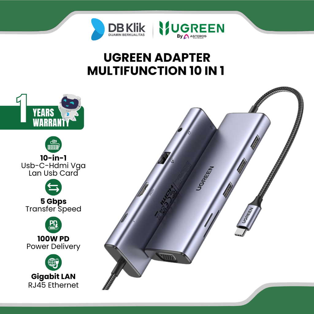 Ugreen Adapter Multifunction 10In1 Usb-C-Hdmi Vga Lan Usb Card (15601)