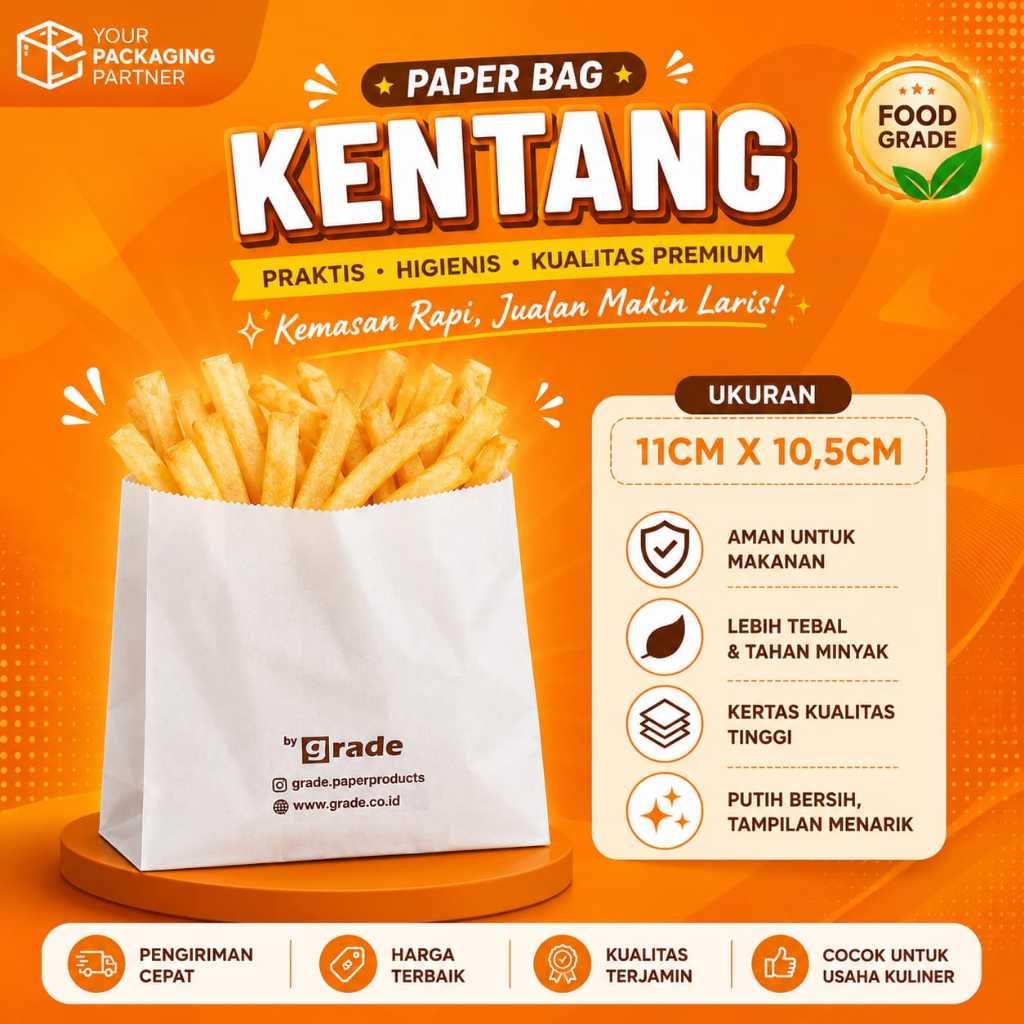 (Isi 100) Paper Bag Kecil Kentang Grade Kantong Kertas 11cmx10,5cm Paper Bag PUTIH / Kraft Bag Pembu