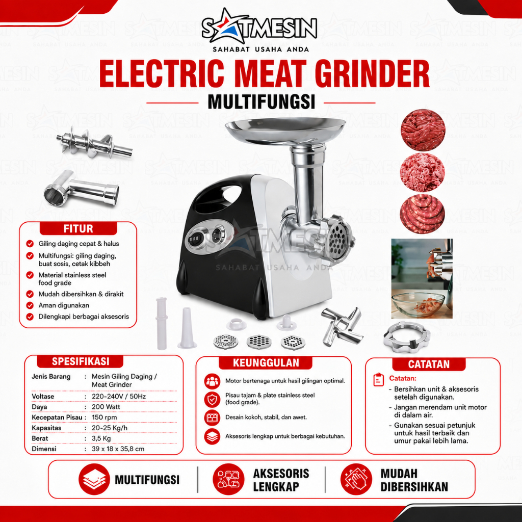 Satmesin SATF-MGD-G31 Mesin Giling Daging Elektrik Stainless Steel Multifungsi Penggiling Daging Sos