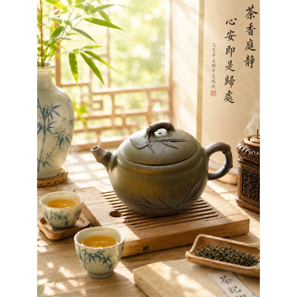 TeaPot YiXing Hijau Motif Bambu Premium