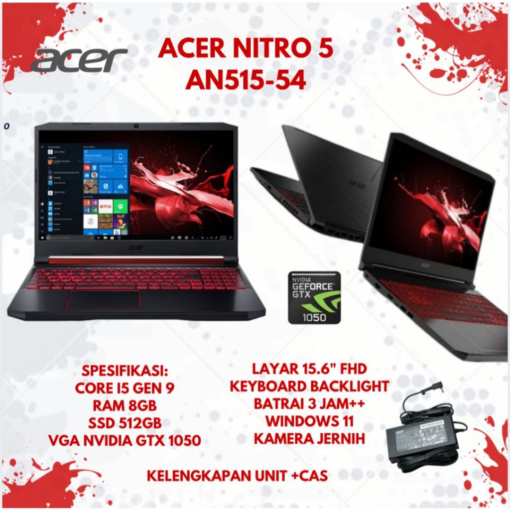 LAPTOP GAMERS AND EDITING  ACER NITRO 5 AN515-54 CORE I5 GEN 9 RAM 8 SSD 512GB NVIDIA GTX 1050 4GB D