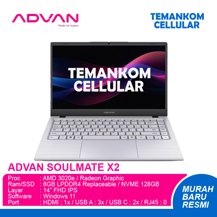 LAPTOP ADVAN SOULMATE X2 RAM 8GB 128GB SSD AMD garansi Resmi