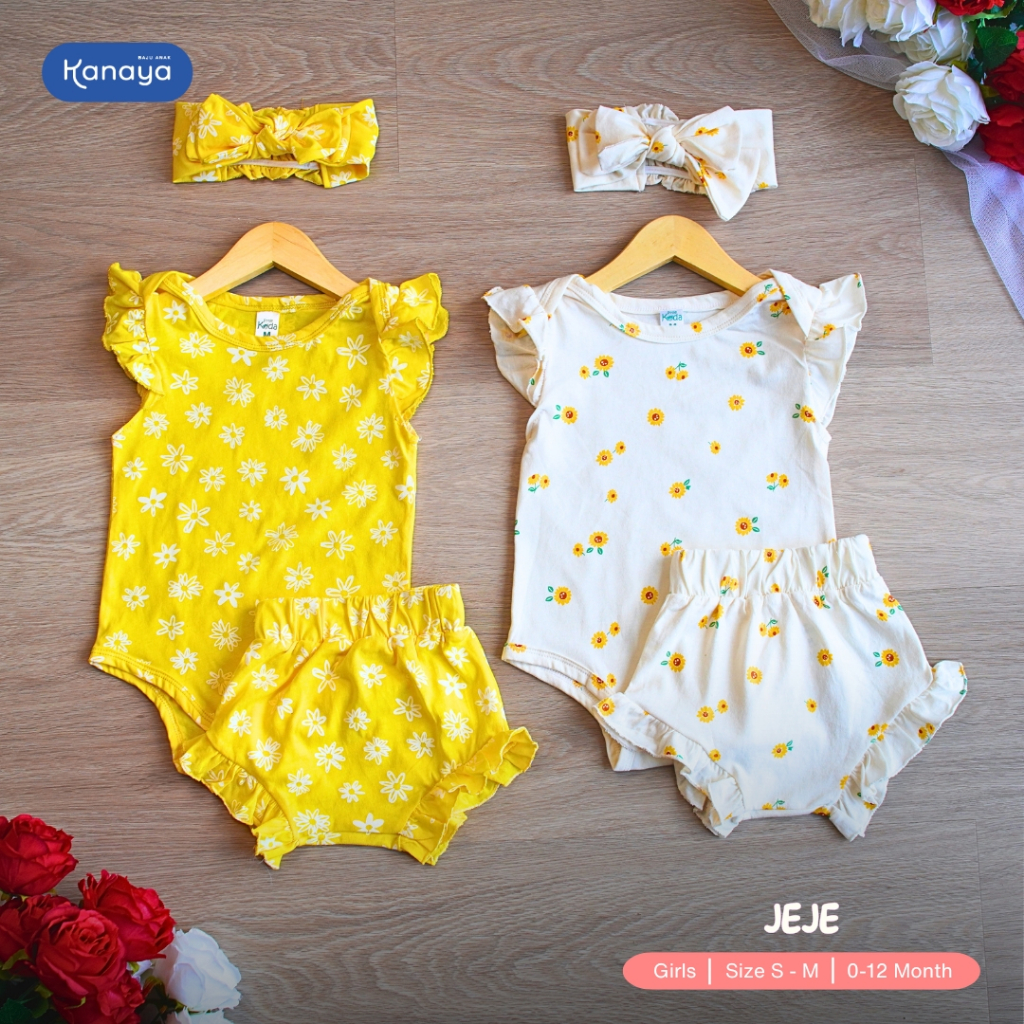 3-15 BLN SETELAN BAYI JEJE ROMPER BAYI INCLUDE HEADBAND by LITTLE KODA (3 IN 1 SET) (SNI)