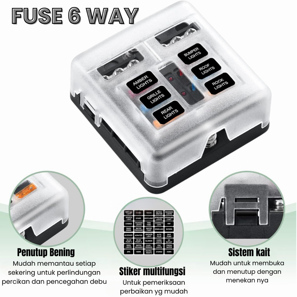 Sekring Fuse 6-Way Blade Fuse Box Holder Sekring Box Dengan Indikator LED Fuse Block Waterproof