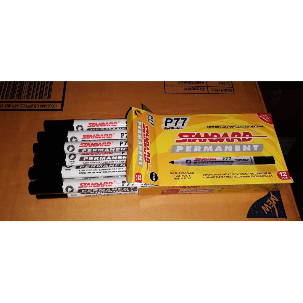 1 pack SPIDOL PERMANENT STANDAR P77 HITAM isi 12 pcs spidol black permanen refillable Stationery ori