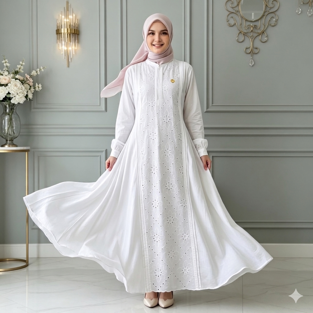 Gamis Humaira Putih Bw - Putih Tulang Bahan Polo Linen Katun Bolong - Simpel Dan Elegan