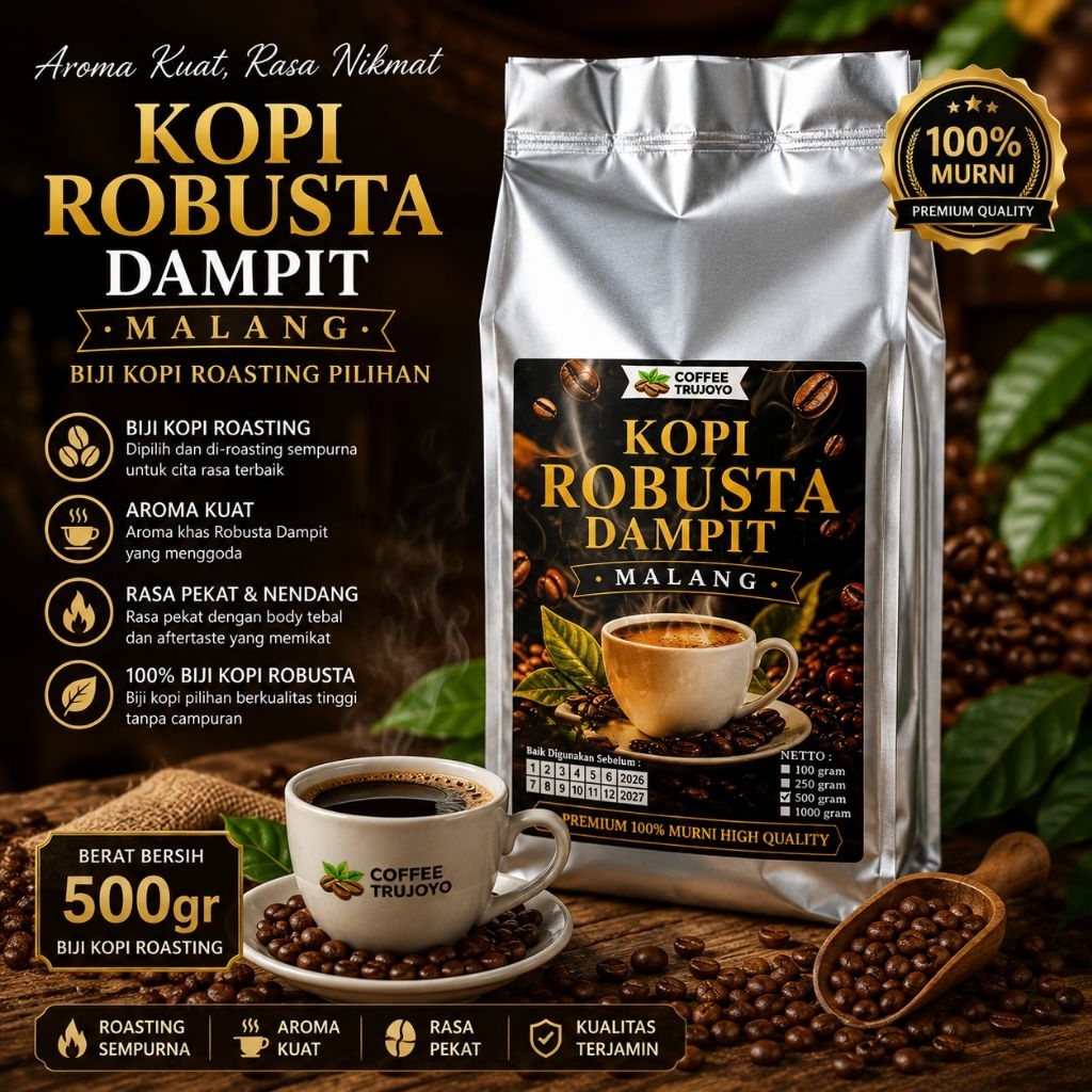 Biji Kopi Roasting Dampit 500gr Premium Robusta  Fresh Roast Original Malang Coffee Beans