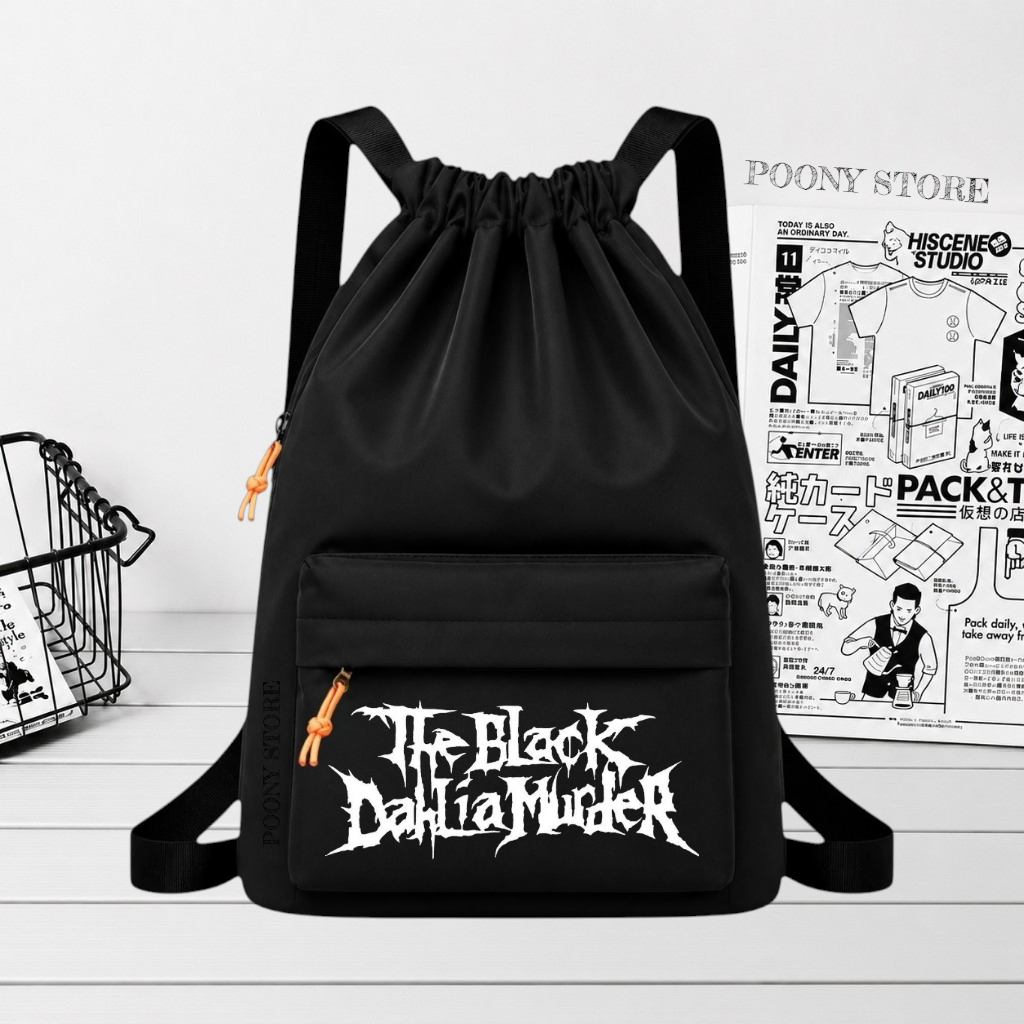 Tas Serut Pria Wanita String Bag Drawsting Motif Black Metal Backpack Olahraga Sekolah SD SMP SMA