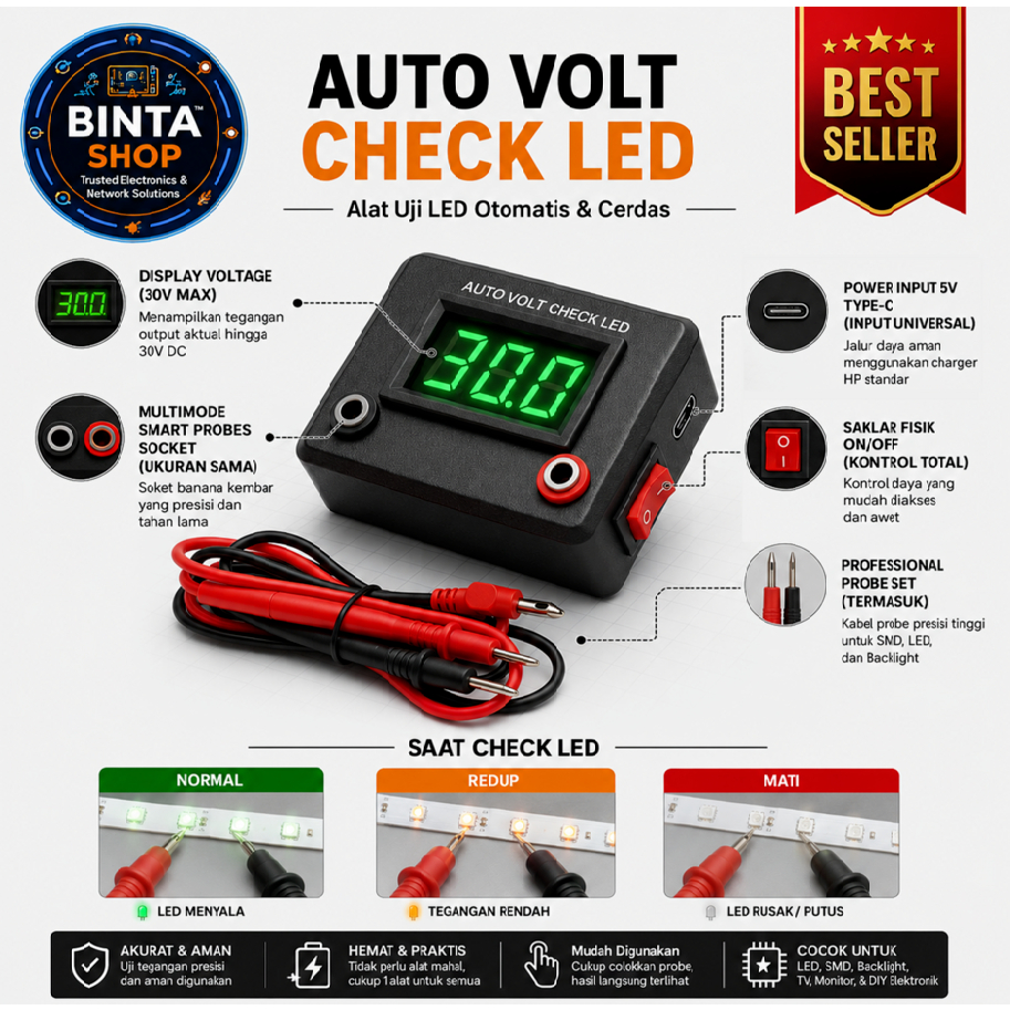Smart LED Tester Auto 30 Volt DC - Alat Tes Lampu LED & Backlight TV (Anti Konslet, input 5V Type-C)