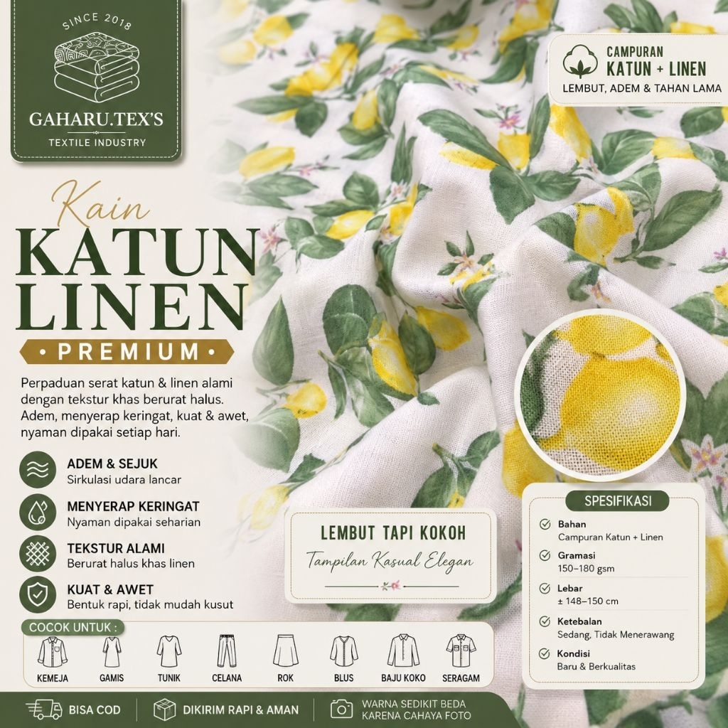 bahan katun linen premium - katun linen motif - linen meteran