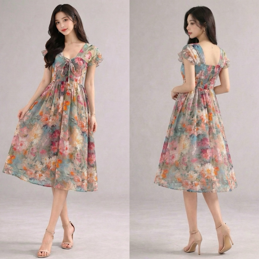 LINI DRESS SMOKE LENGAN KUPU RAYON PREMIUM STANDART JUMBO DASTER TALI KERUT