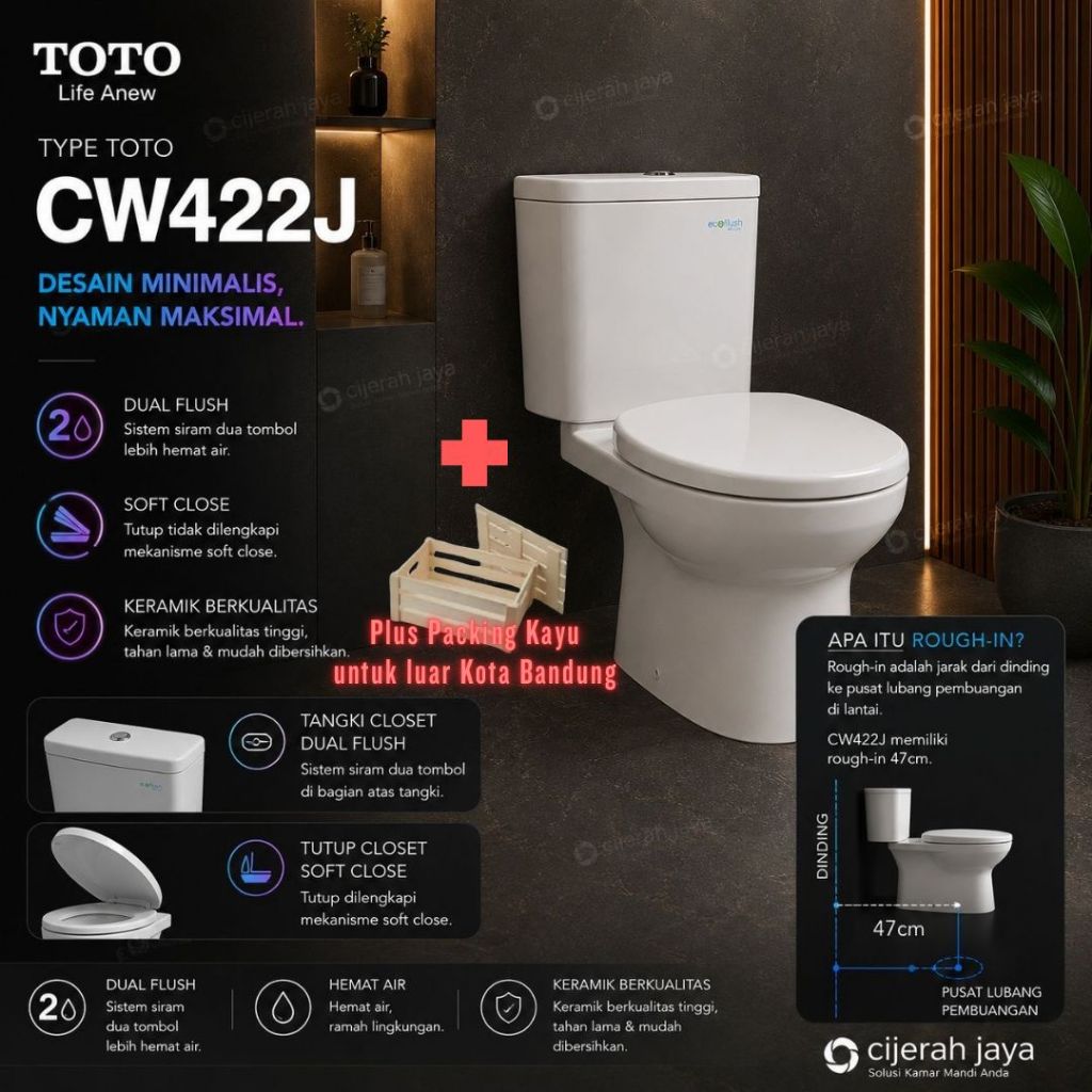 CLOSET DUDUK TOTO CW 422J / KLOSET DUDUK TOTO CW422J DUAL FLUSH / MONOBLOK TOTO CW 422 J (LUAR BANDU
