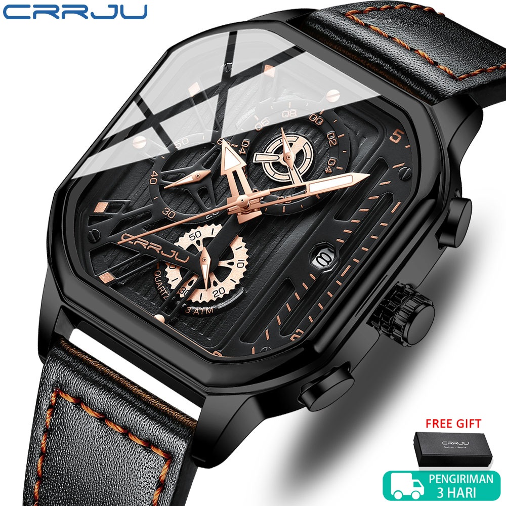 CRRJU Jam Tangan Pria Kasual Vintage Merek Desain Persegi Kulit Fashion Militer Olahraga Kuarsa Taha