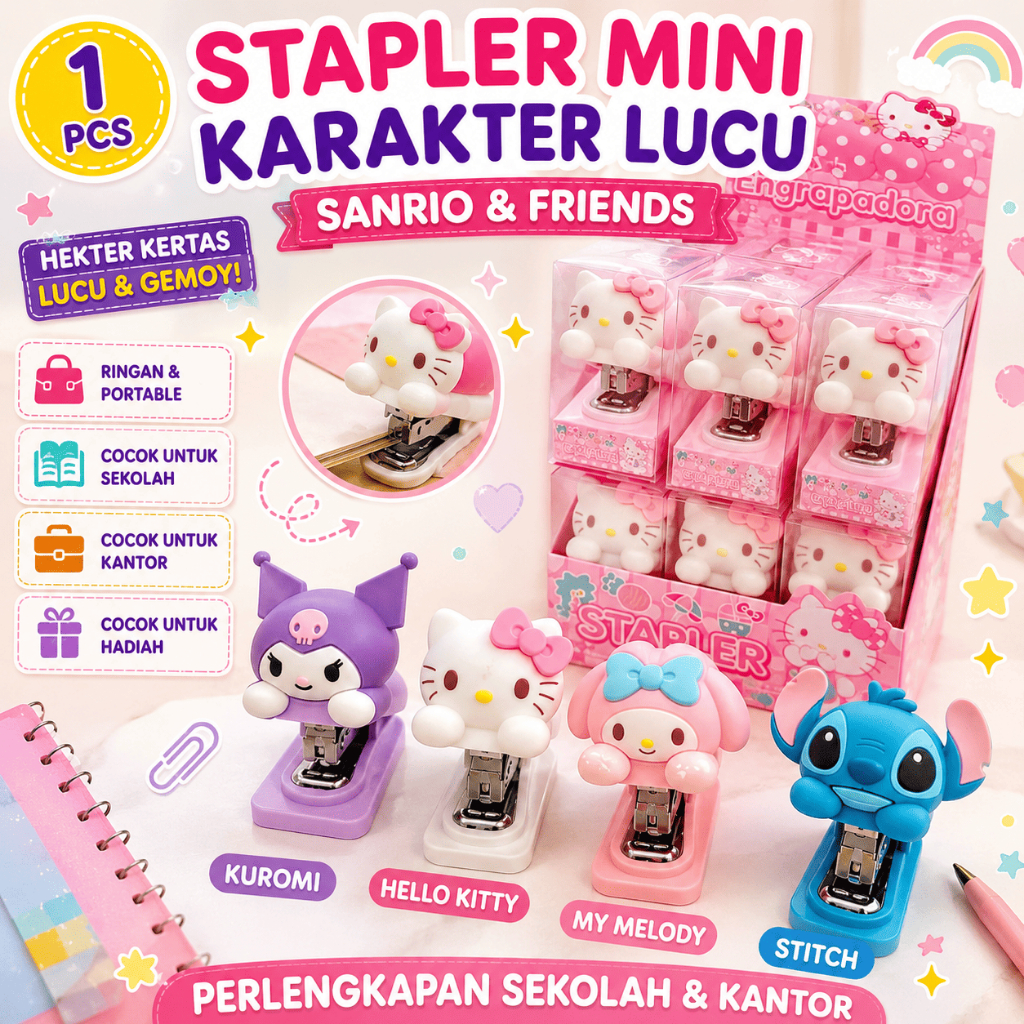 THEDIYLAB Stapler Karakter Lucu Sanrio & Friends | Hello Kitty Kuromi Stitch My Melody | Staples Min