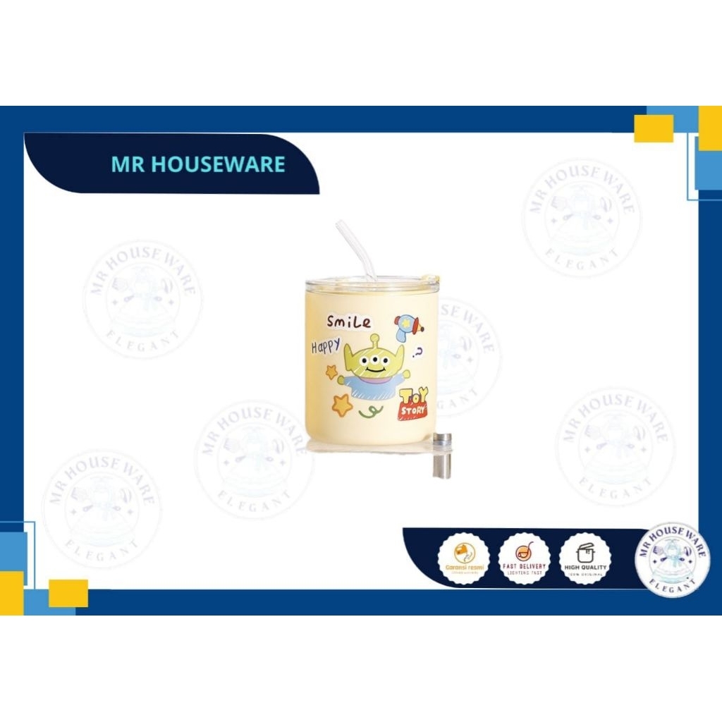 Gelas Kaca Mug Straw Lucu Karakter Disney 320ml - Desain Unik, Sedotan Kaca, Kapasitas Besar