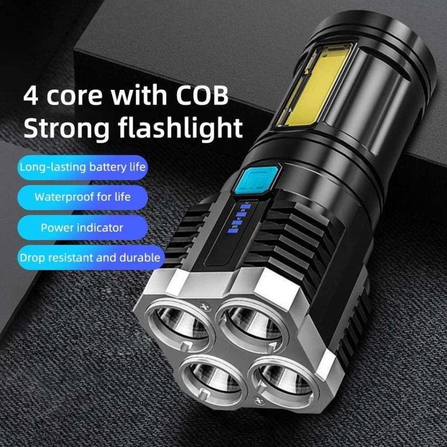 Senter LED 4 Mata Mode Lampu COB Samping Camping Jarak Jauh Bisa Dicas Isi Ulang Rechargeable Flashl