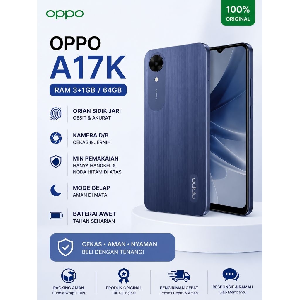 OPPO A17K RAM 3+1/64 Original Fingerprint Gesit Baterai Awet