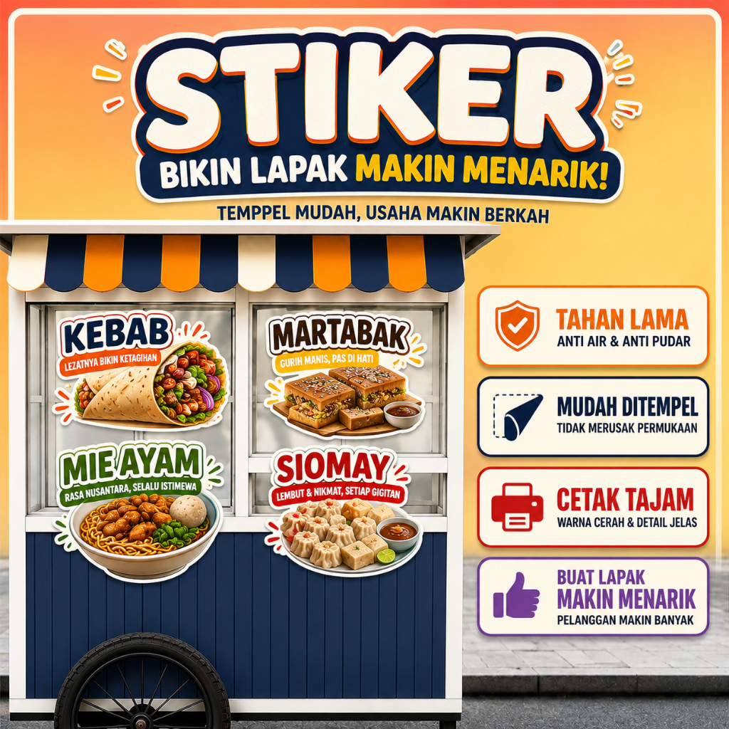Stiker Jumbo Gerobak Jualan untuk Kebab, Martabak, Mi Ayam, Ayam Geprek, Cilok, Cimol, Roti Bakar, M