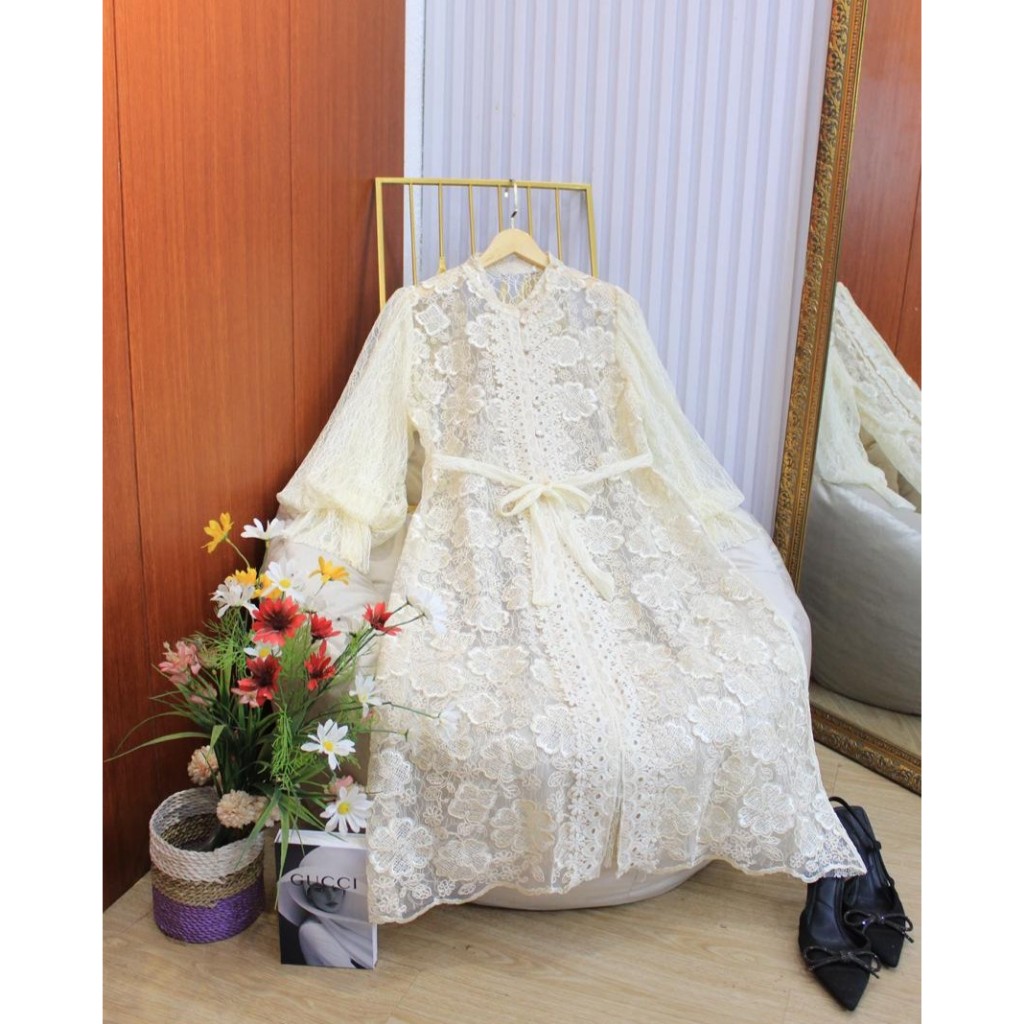 Yesaya - Dress Brokat Premium Wanita Elegan Tille Bordir Mewah Lengan Balon Kekinian 26900